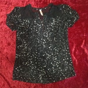 Sheer Star Pattern Button Up Cap Sleeve Blouse
